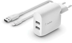 Belkin Dual USB-A -seinlaturi 24w + USB-A-salamakaapeli