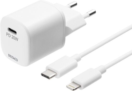 Deltaco USB-C Wall Charger 20W PD w/ Lightning-cable